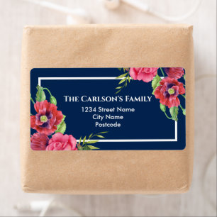 Vattenfärgen Red and Rosa Flowers Mörk Navy Blue F Fraktsedel