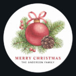 Vattenfärgen Red Boll Ornament God jul Runt Klistermärke<br><div class="desc">Lägg till en festlig accent i dina kuvert och presenter med de här anpassadena julklistermärken. Den har vattenfärgad röd ornament,  gräs cone,  gräs nål och vinbär. Anpassa genom att lägga till information. Dessa röda prydnadsmärken i boll finns i andra produkter.</div>