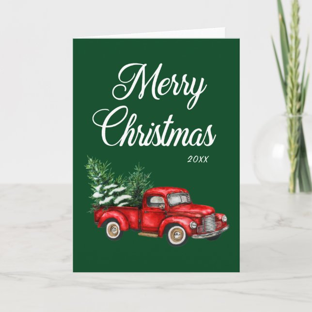 Vattenfärgen Red Lastbil God jul Grönt Kort (Framsida)