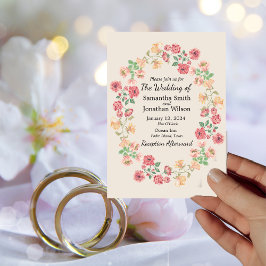 Vattenfärgen Ring i Flowers på Beige Bröllop Invit Inbjudningar
