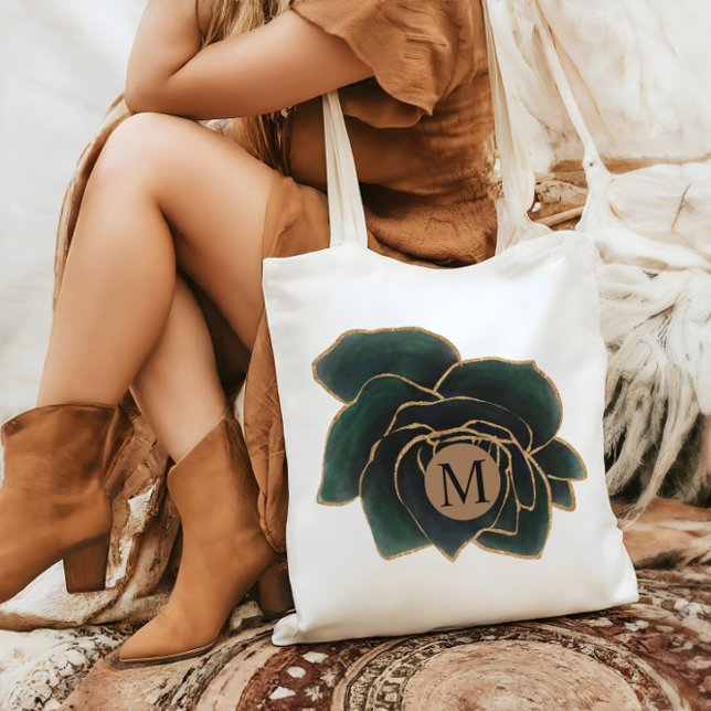 Vattenfärgen Ro Faux Guld och Grönt Monogram Tygkasse (Skapare uppladdad)