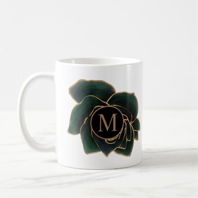 vattenfärgen ro guld och grönt monogram kaffemugg (Vänster)