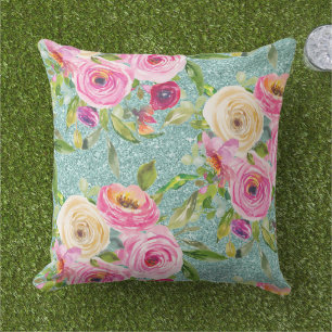 Vattenfärgen Ro i Rosa och Cream Aqua Glitter Kudde