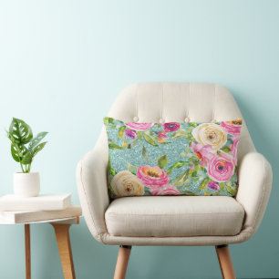 Vattenfärgen Ro i Rosa och Cream Aqua Glitter Lumbarkudde