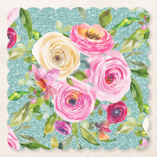 Vattenfärgen Ro i Rosa och Cream Aqua Glitter Underlägg Papper