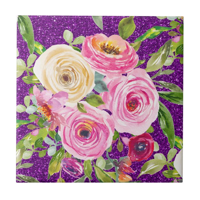 Vattenfärgen Ro i Rosa och Cream Lila Glitter Kakelplatta (Framsidan)