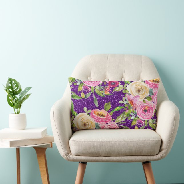 Vattenfärgen Ro i Rosa och Cream Lila Glitter Lumbarkudde (Stol)