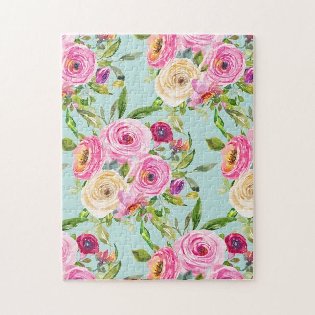 Vattenfärgen Ro i Rosa och Cream på Aqua Pussel (Vertikal)