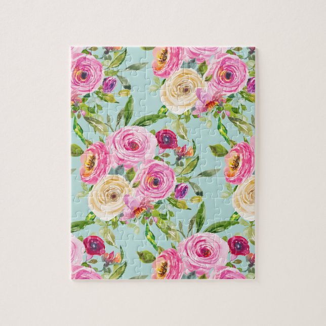 Vattenfärgen Ro i Rosa och Cream på Aqua Pussel (Vertikal)