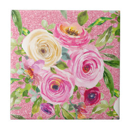 Vattenfärgen Ro i Rosa och Cream på Rosa Glitter Kakelplatta