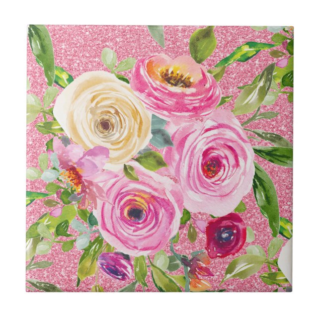 Vattenfärgen Ro i Rosa och Cream på Rosa Glitter Kakelplatta (Framsidan)