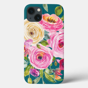 Vattenfärgen Ro i Rosa och Cream på Teal