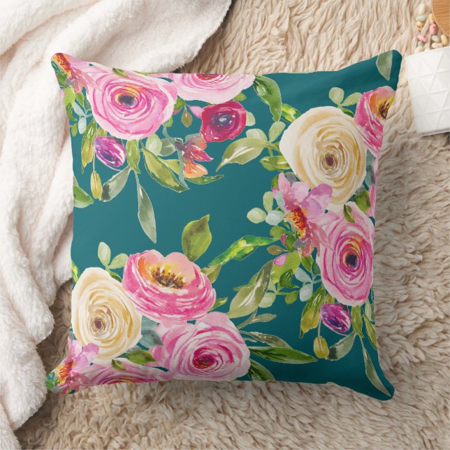 Vattenfärgen Ro i Rosa och Cream på Teal Kudde (Filt)