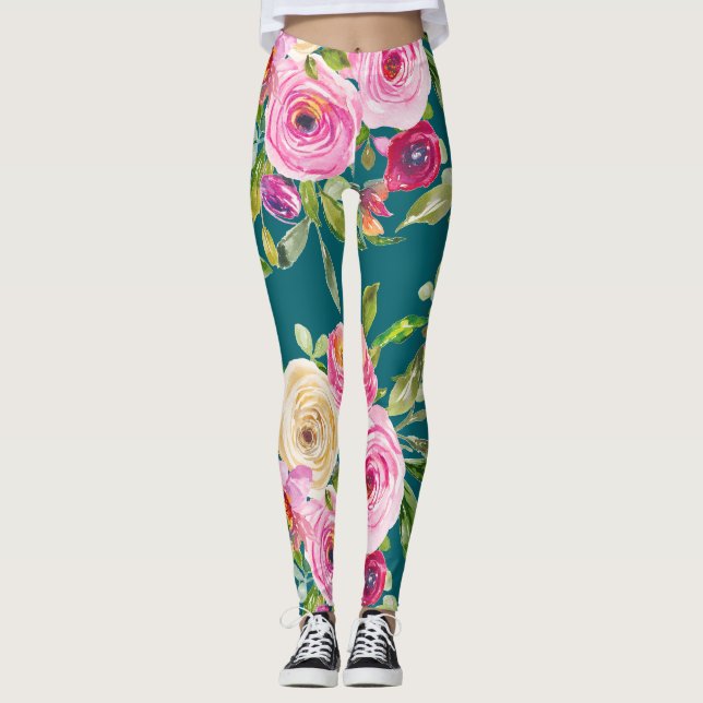 Vattenfärgen Ro i Rosa och Cream på Teal Leggings (Framsida)