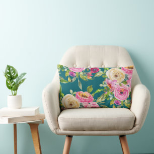 Vattenfärgen Ro i Rosa och Cream på Teal Lumbarkudde