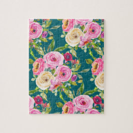 Vattenfärgen Ro i Rosa och Cream på Teal Pussel