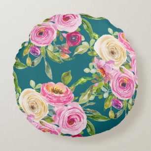 Vattenfärgen Ro i Rosa och Cream på Teal Rund Kudde