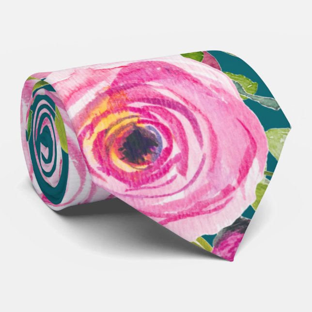 Vattenfärgen Ro i Rosa och Cream på Teal Slips (Rullad)