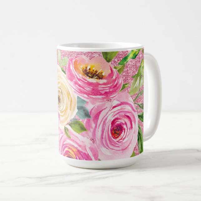 Vattenfärgen Ro i Rosa och Cream Rosa Glitter Kaffemugg (Framsida höger)