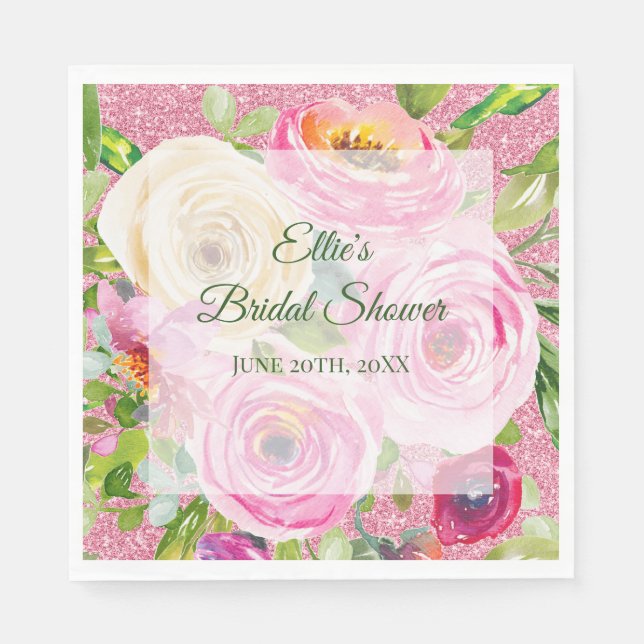 Vattenfärgen Ro i Rosa och Cream Rosa Glitter Pappersservett (Framsidan)