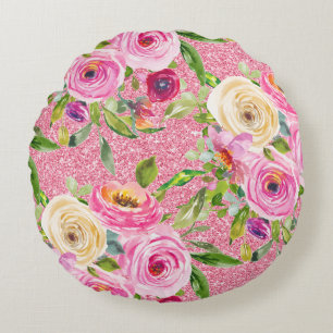 Vattenfärgen Ro i Rosa och Cream Rosa Glitter Rund Kudde