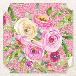 Vattenfärgen Ro i Rosa och Cream Rosa Glitter Underlägg Papper