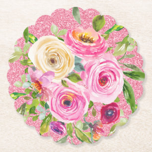 Vattenfärgen Ro i Rosa och Cream Rosa Glitter Underlägg Papper