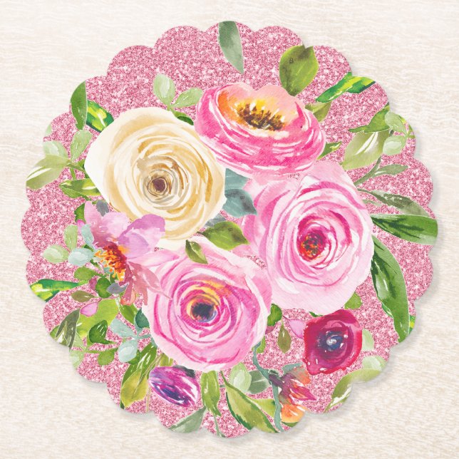 Vattenfärgen Ro i Rosa och Cream Rosa Glitter Underlägg Papper (Framsida)