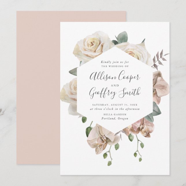 Vattenfärgen Ro och Orchids Blommigt Ram Bröllop Inbjudningar (Fram/baksida)