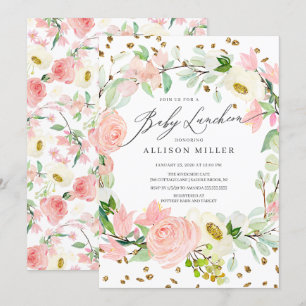 Vattenfärgen Ro Peonies Blommigt Baby Luncheon Inbjudningar