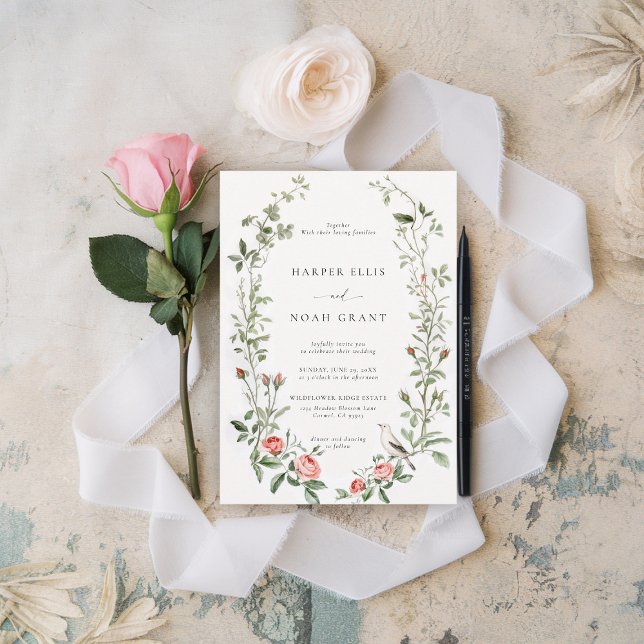 Vattenfärgen Ro Vine Bird Cottage Chic Bröllop Inbjudningar (watercolor wedding invitation french countryside cottage barn backyard outdoors indoors nature)