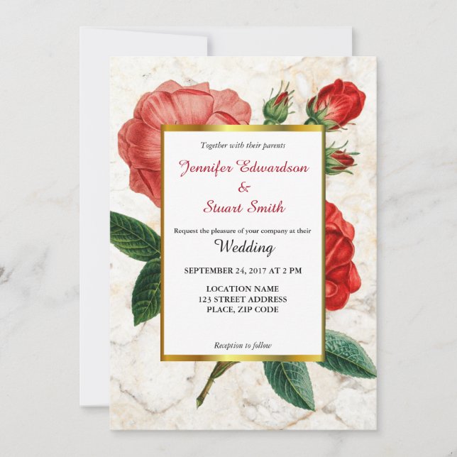 Vattenfärgen röd ros marble Blommigt Vintage bröll Inbjudningar (Framsida)