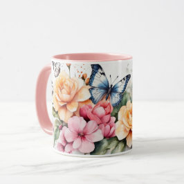Vattenfärgen Romantisk Rosa Butterfly Flower Mugg