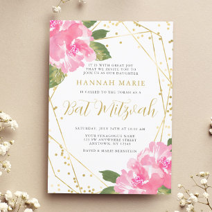 Vattenfärgen Rosa Blommigt Guld Bat mitzvah Inbjudningar