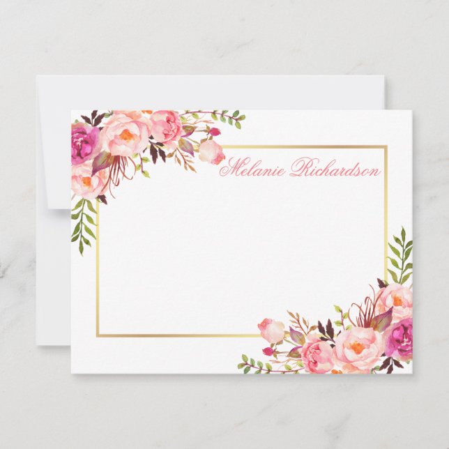 Vattenfärgen Rosa Blommigt Personlig Guld Ram Anteckningskort (Framsida)