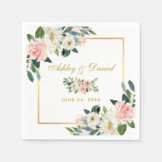Vattenfärgen Rosa  Blommigten Guld Ram Bröllop i Pappersservett (Framsidan)