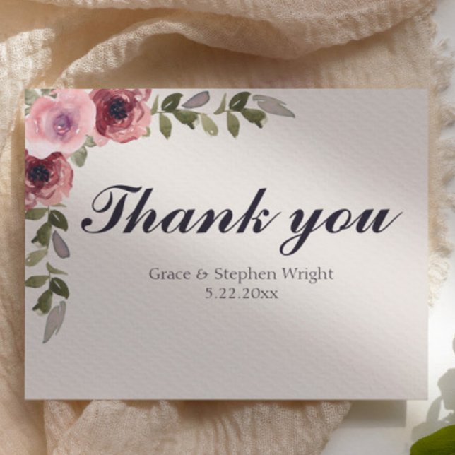 Vattenfärgen Rosa Blommor Bröllop - tackkort (watercolor floral pink rose thank you wedding card)