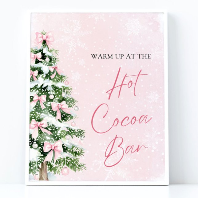 Vattenfärgen Rosa Bows Julgran Hett Cocoa Pub Poster (Watercolor Pink Bows Christmas Tree Hot Cocoa Bar Sign)