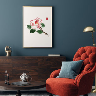 Vattenfärgen Rosa Camellia Flower hieroglyph Wealt Poster