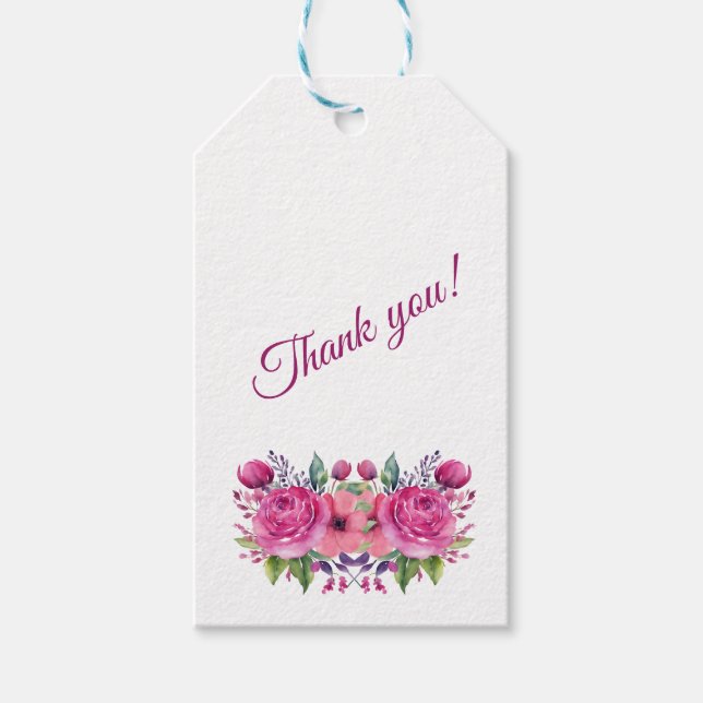 Vattenfärgen Rosa Flower Bouquet-Bröllop Tack.- Presentetikett (Framsidan)