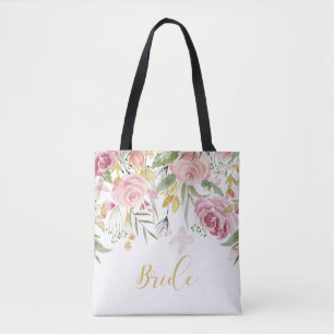 Vattenfärgen Rosa Guld Rosor Greenery Bride Tote Tygkasse