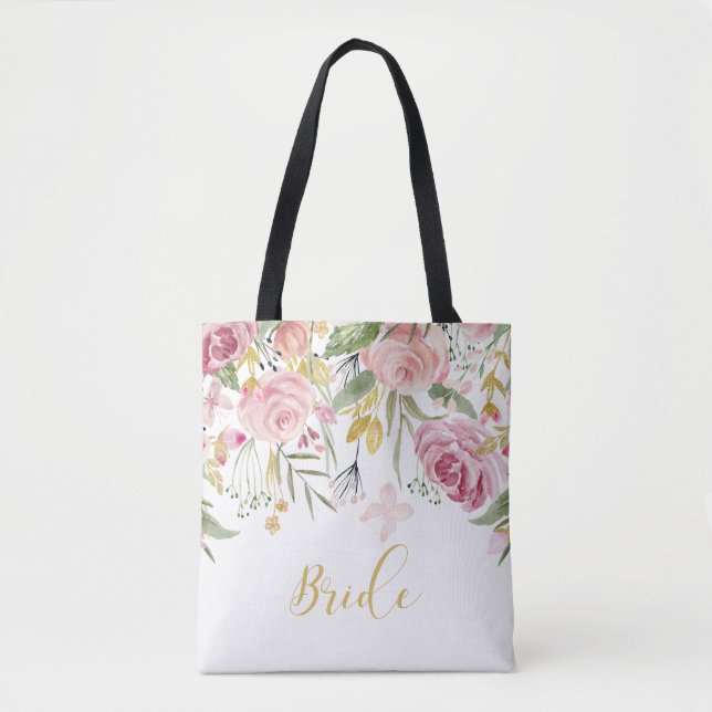 Vattenfärgen Rosa Guld Rosor Greenery Bride Tote Tygkasse (Framsida)