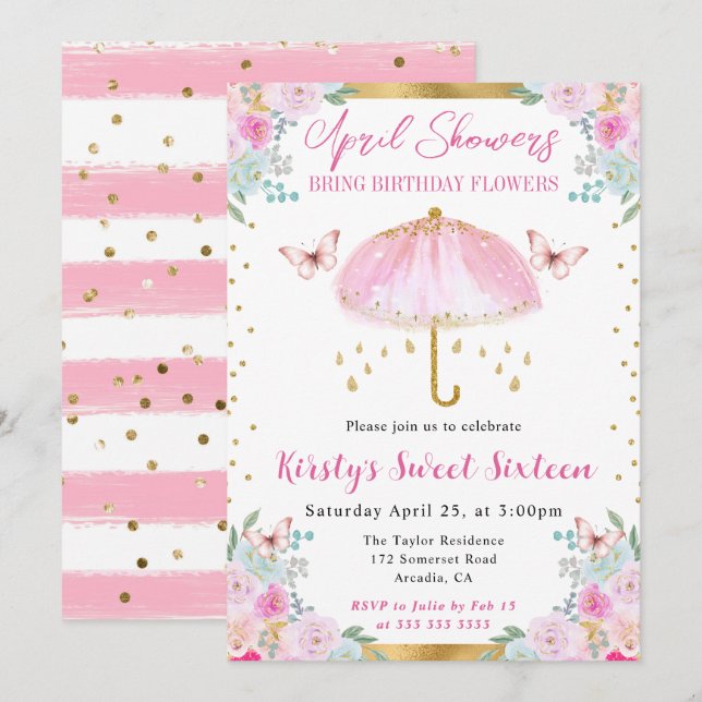 Vattenfärgen Rosa Guld Vår Umbrella Sweet sixteen Inbjudningar (Fram/baksida)