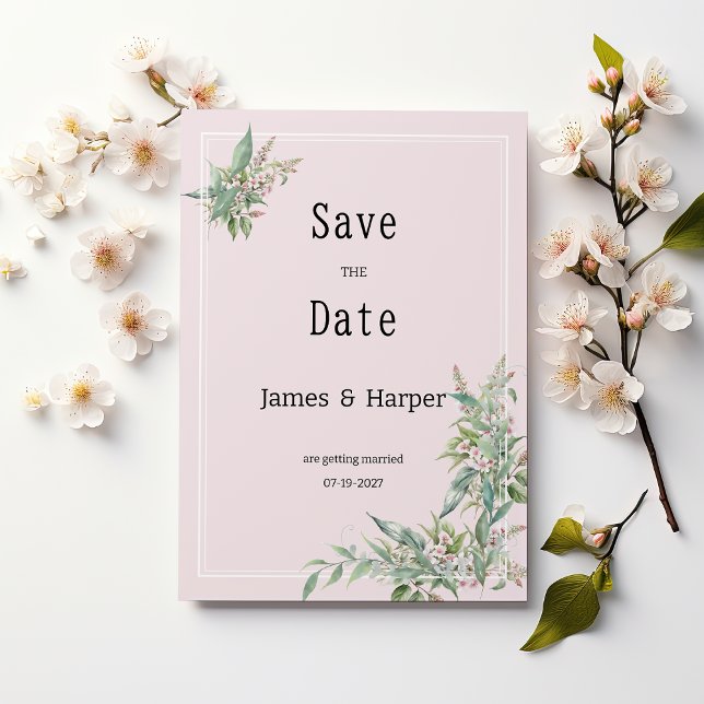 Vattenfärgen rosa mint blombuquet Spara datum Inbjudningar (Watercolor pink mint flower bouquet Save the Date)
