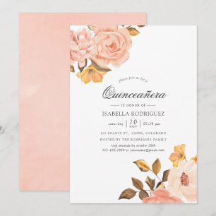 Vattenfärgen Rosa och Guld Blommigt Quinceañera Inbjudningar