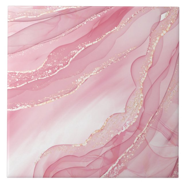 Vattenfärgen Rosa och Guld Glitter Marble Kakelplatta (Framsidan)