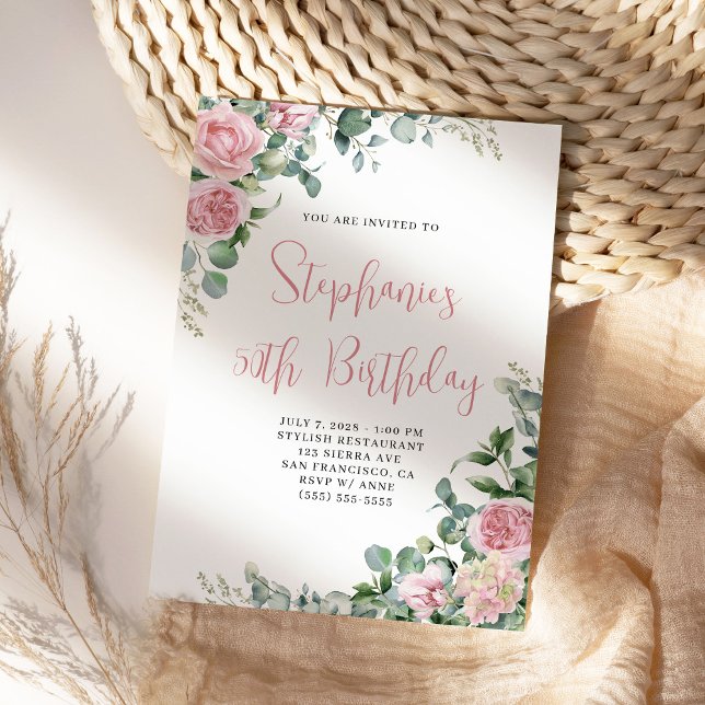 Vattenfärgen Rosa ros Blommigt Birthday Inbjudningar (Pretty watercolor pink roses birthday invite for her.)