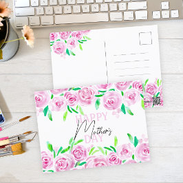 Vattenfärgen Rosa ros Grönt Löv Mors dag Vykort