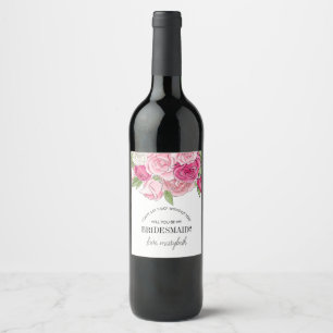 Vattenfärgen Rosa ros ska vara min bridesaid Vin-e Vinflaska Etikett