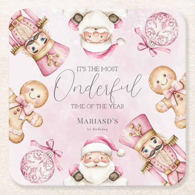 vattenfärgen Rosa snö 1:a årsdagen jul Underlägg Papper Kvadrat (Framsidan)